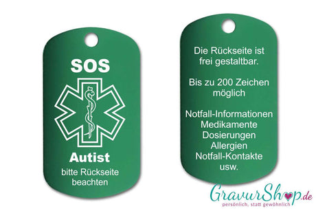 Autist - SOS Notfallkette, Notfallanhänger mit Gravur - grün