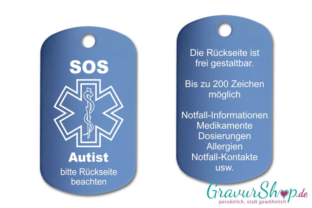 Autist - SOS Notfallkette, Notfallanhänger mit Gravur - hellblau
