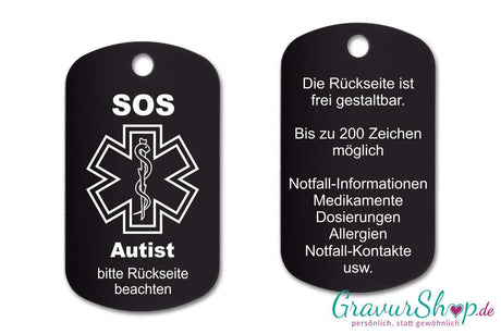Autist - SOS Notfallkette, Notfallanhänger mit Gravur - schwarz