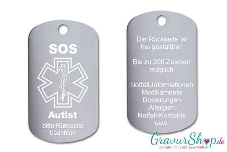 Autist - SOS Notfallkette, Notfallanhänger mit Gravur - silber
