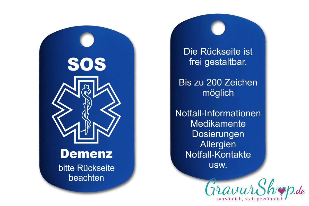 Demenz - SOS Notfallkette, Notfallanhänger mit Gravur - blau