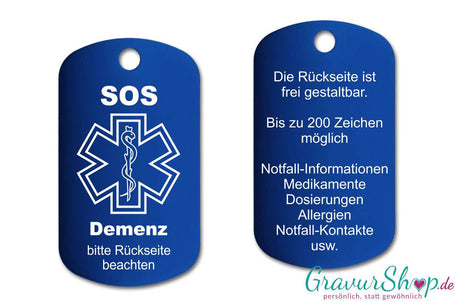 Demenz - SOS Notfallkette, Notfallanhänger mit Gravur - blau