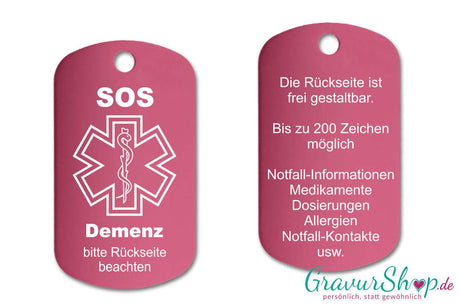 Demenz - SOS Notfallkette, Notfallanhänger mit Gravur - pink