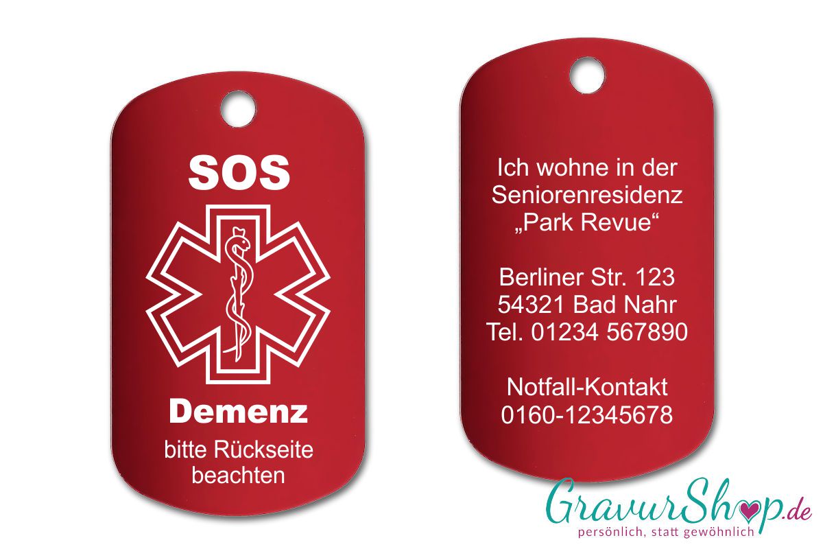 Demenz - SOS Notfallkette, Notfallanhänger mit Gravur - rot