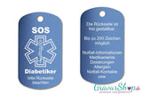 Diabetes, Diabetiker - SOS Notfallkette, Notfallanhänger mit Gravur - hellblau