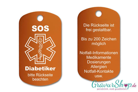 Diabetes, Diabetiker - SOS Notfallkette, Notfallanhänger mit Gravur - orange