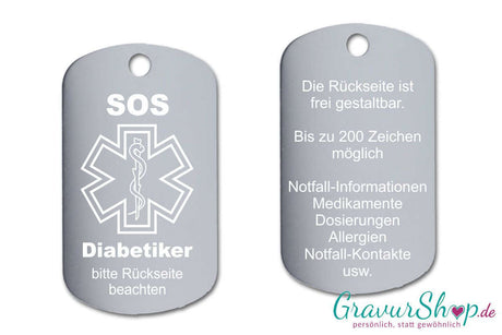 Diabetes, Diabetiker - SOS Notfallkette, Notfallanhänger mit Gravur - silber