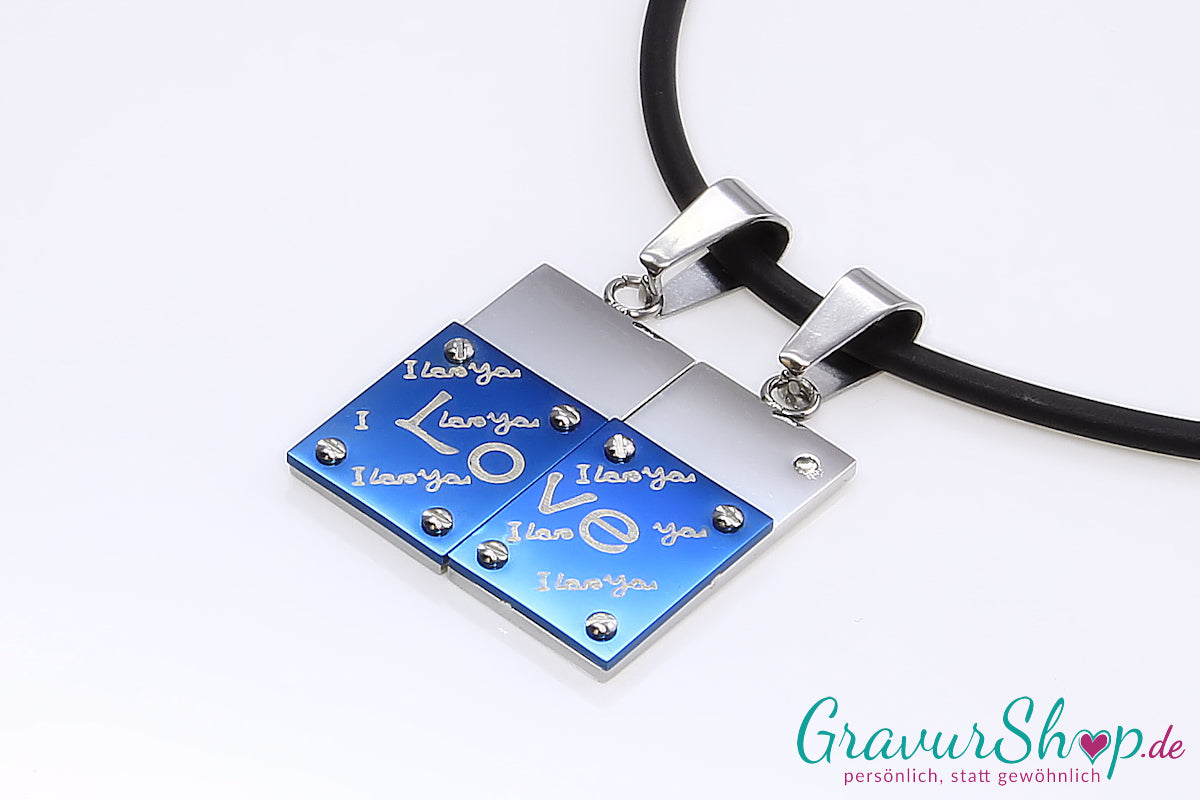 Partner Edelstahlanhänger blau eloxiert Zirkonia mit Gravur