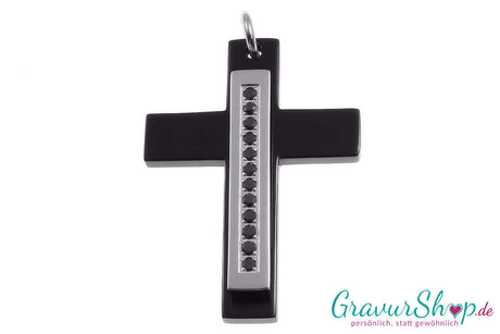 Edelstahlanhänger Kreuz schwarz mit Zirkonia inkl. Gravur