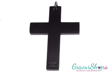Edelstahlanhänger Kreuz schwarz mit Zirkonia inkl. Gravur Rückseite