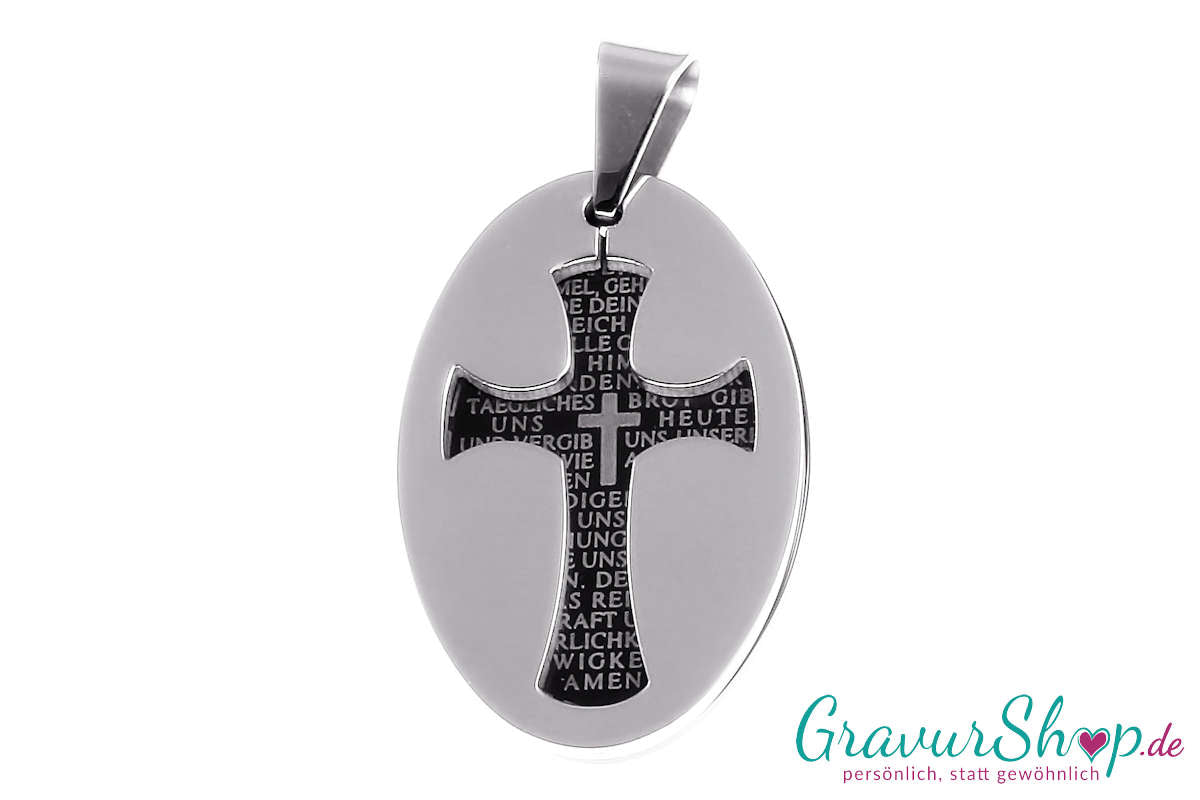 Edelstahlanhänger Kreuz schwarz Vater unser mit Gravur