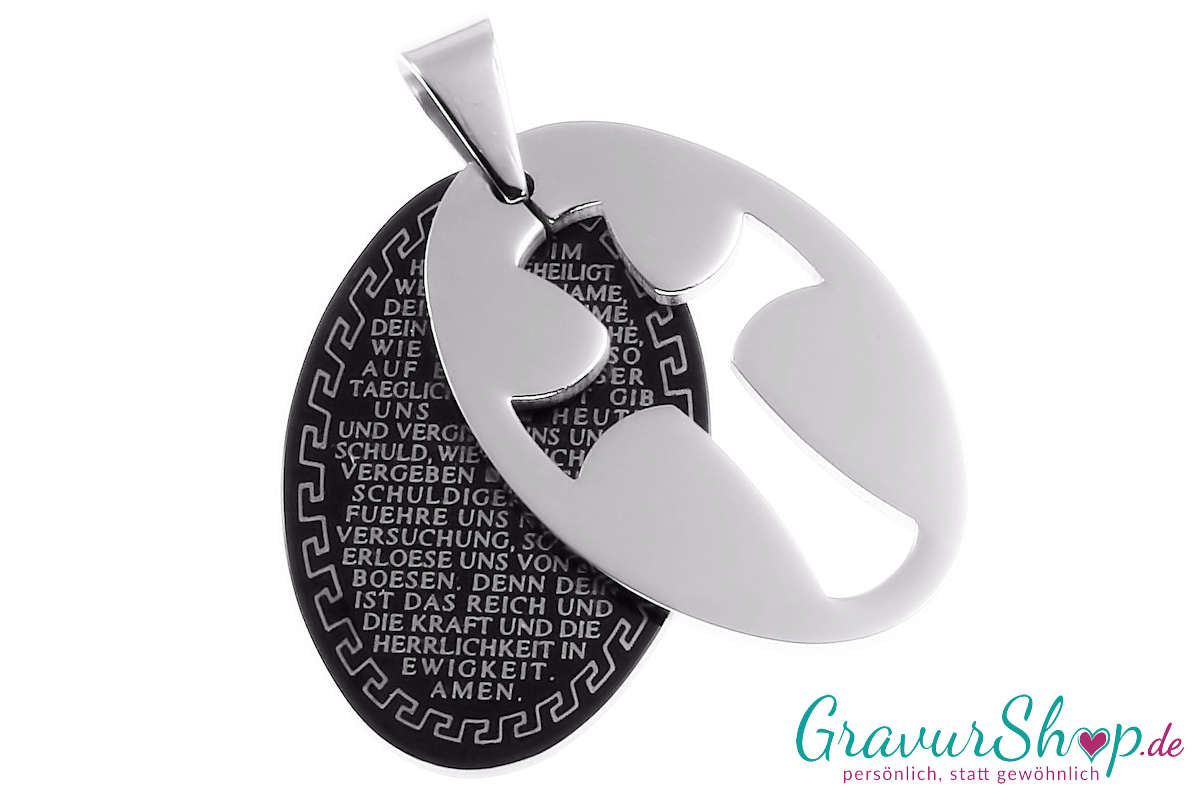 Edelstahlanhänger Kreuz schwarz Vater unser mit Gravur