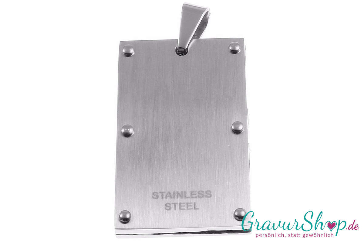 Edelstahlanhänger Rückseite 35 x 21 mm mit Gravur