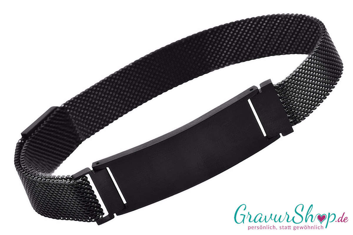 Mesh Edelstahlarmband 15 mm schwarz matt mit Gravur