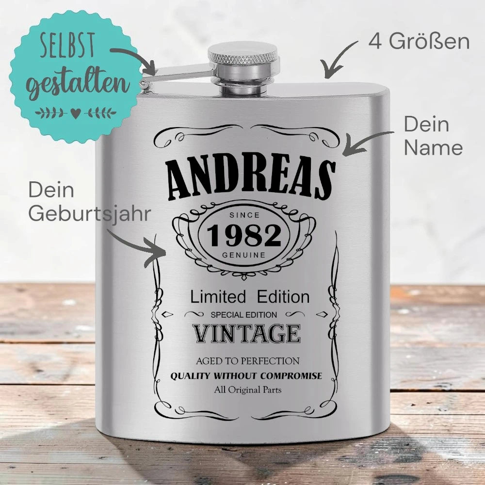 Flachmann zum Geburtstag | Limited Edition mit Name + Geburtsjahr | kostenlose Gravur