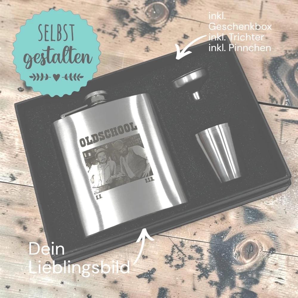 Flachmann Set (180 ml) mit Fotogravur | Dein Foto graviert | Inkl. Geschenkbox + Trichter + Pinnchen