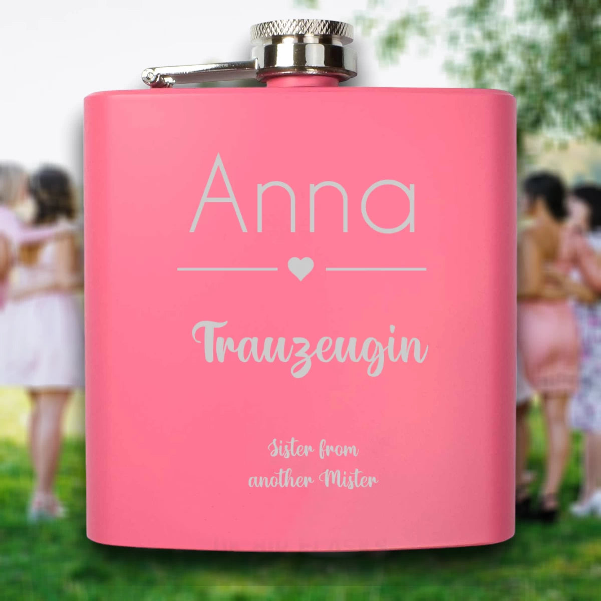 Personalisierter Flachmann für Trauzeugin | mit Herz, Name & Wunschtext | Rosa matt lackiert