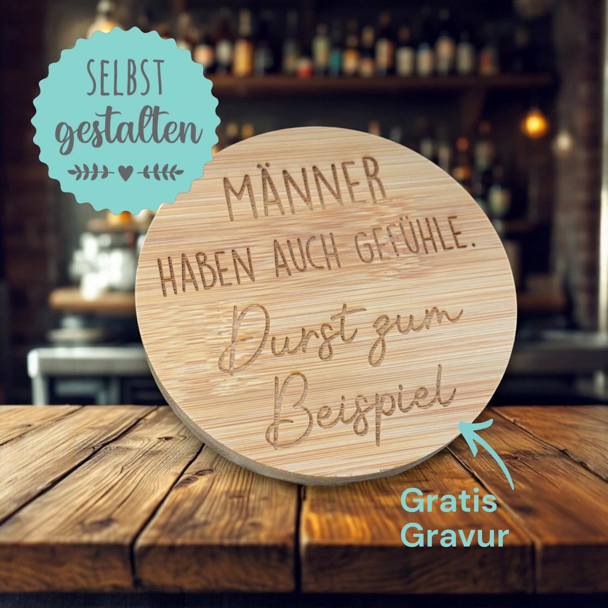 Runder Holz Flaschenöffner mit Gravur | Frei gestalten | Personalisierbar mit Text + Motiven