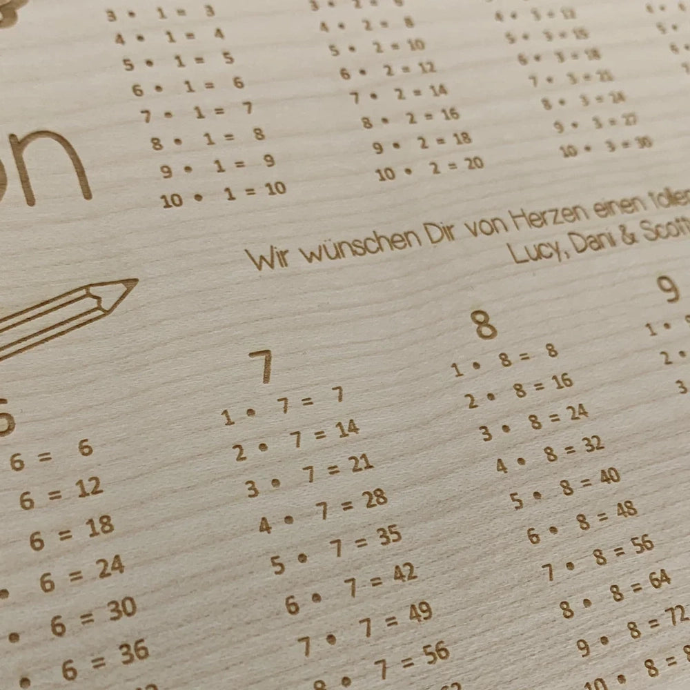 Personalisiertes Frühstücksbrettchen mit kleinem 1x1 | Einschulungsgeschenk aus Buchenholz mit Wunschname & Wunschtext