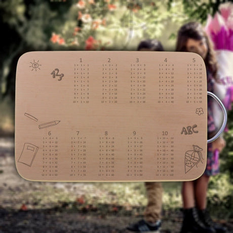 Personalisiertes Frühstücksbrettchen mit kleinem 1x1 | Einschulungsgeschenk aus Buchenholz mit Wunschname & Wunschtext