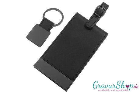 Geschenkset 04 mit Kofferanhänger aus dunklem Metall und Kunstleder – mit Wunschgravur personalisierbar