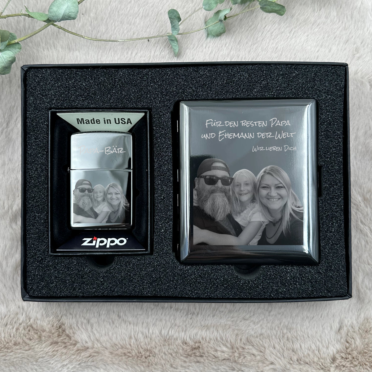 Personalisiertes Geschenkset mit Zippo & Zigarettenetui | Schwarzes Zippo und Etui in Geschenkbox inkl. Gravur
