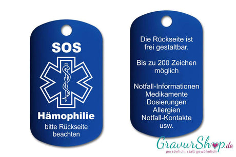 Hämophilie, Bluter - SOS Notfallkette, Notfallanhänger mit Gravur - blau