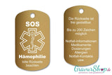 Hämophilie, Bluter - SOS Notfallkette, Notfallanhänger mit Gravur - gold