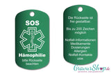 Hämophilie, Bluter - SOS Notfallkette, Notfallanhänger mit Gravur - grün