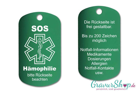 Hämophilie, Bluter - SOS Notfallkette, Notfallanhänger mit Gravur - grün