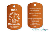 Hämophilie, Bluter - SOS Notfallkette, Notfallanhänger mit Gravur - orange