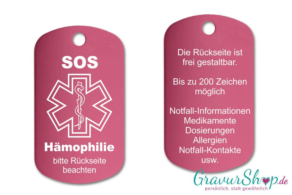 Hämophilie, Bluter - SOS Notfallkette, Notfallanhänger mit Gravur - pink