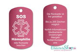 Hämophilie, Bluter - SOS Notfallkette, Notfallanhänger mit Gravur - pink