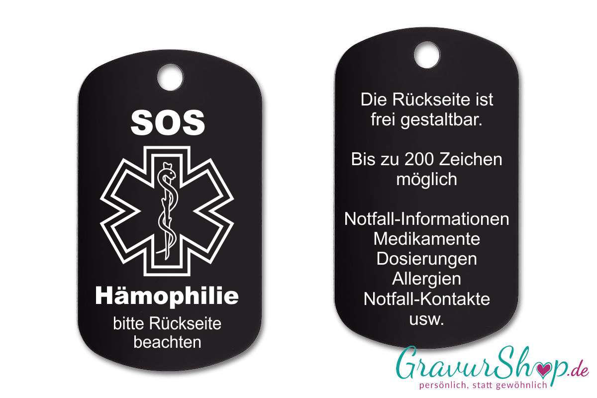 Hämophilie, Bluter - SOS Notfallkette, Notfallanhänger mit Gravur - schwarz