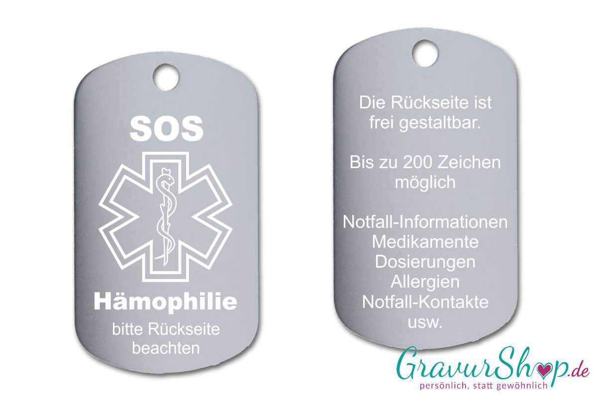 Hämophilie, Bluter - SOS Notfallkette, Notfallanhänger mit Gravur - silber