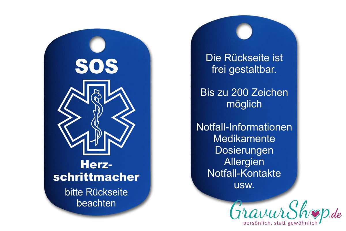 Herz Schrittmacher - SOS Notfallkette, Notfallanhänger mit Gravur - blau