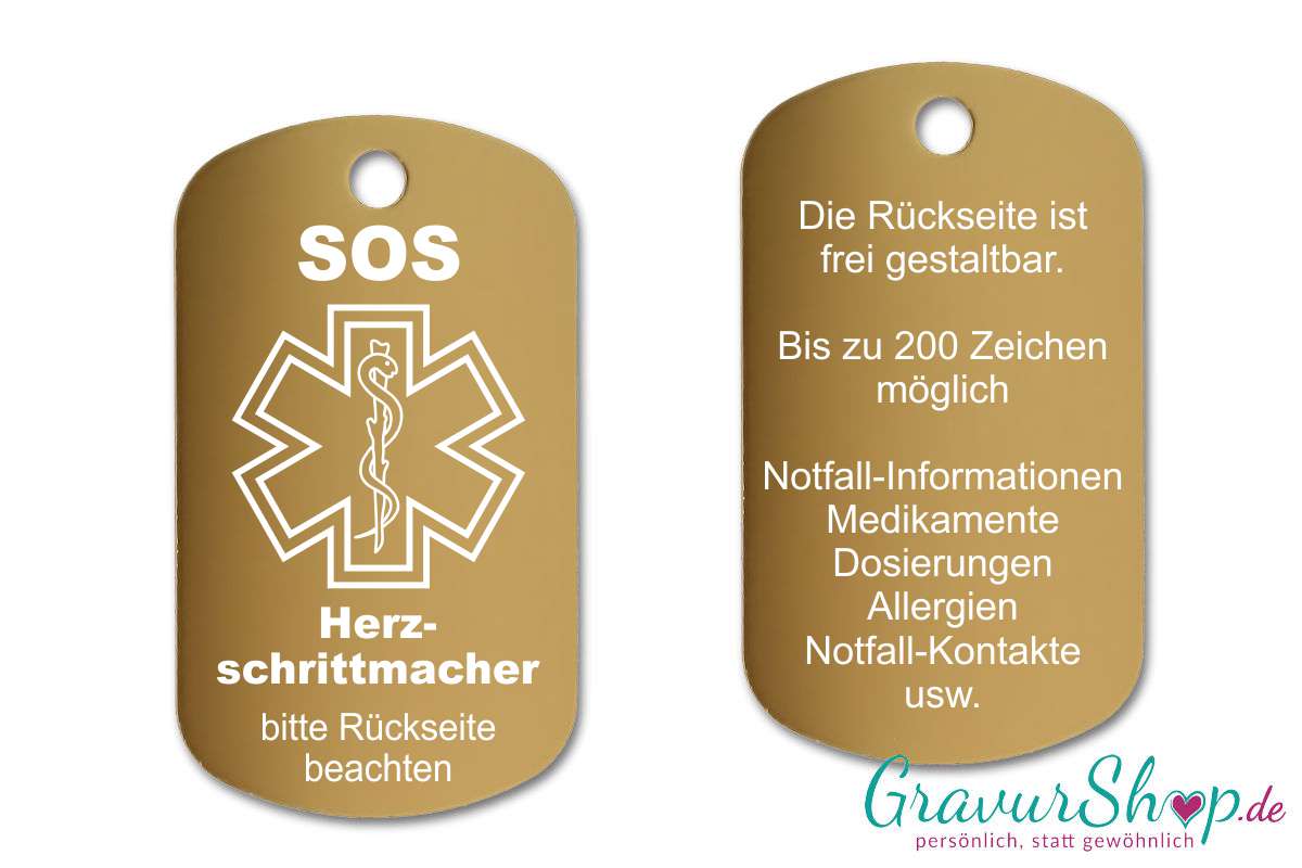 Herz Schrittmacher - SOS Notfallkette, Notfallanhänger mit Gravur - gold