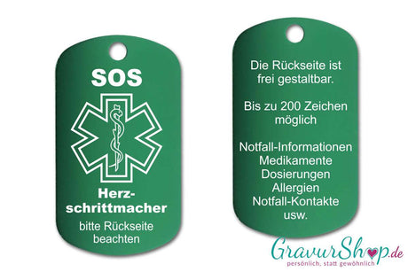 Herz Schrittmacher - SOS Notfallkette, Notfallanhänger mit Gravur - grün