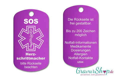 Herz Schrittmacher - SOS Notfallkette, Notfallanhänger mit Gravur - lila
