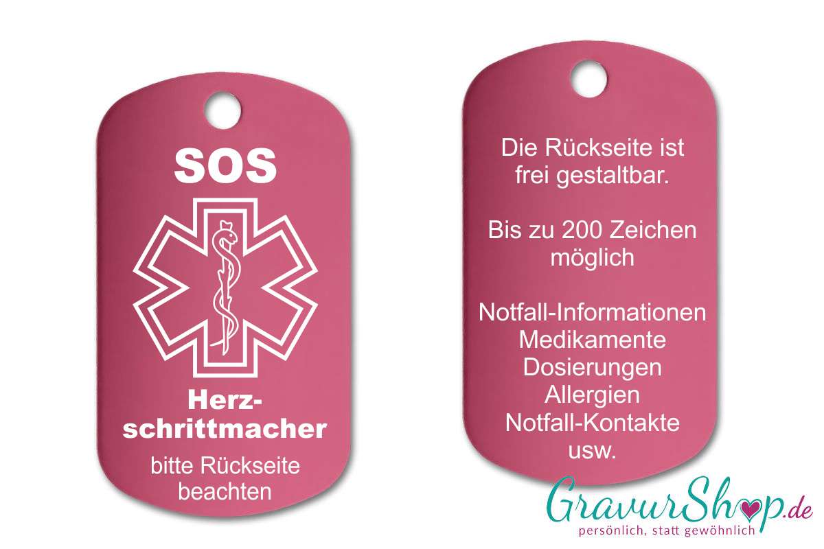 Herz Schrittmacher - SOS Notfallkette, Notfallanhänger mit Gravur - pink