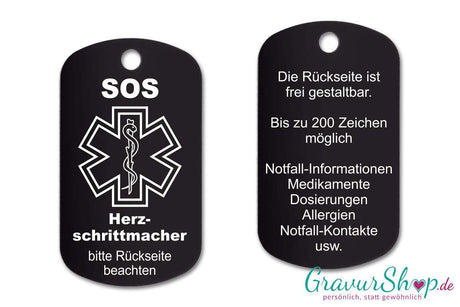 Herz Schrittmacher - SOS Notfallkette, Notfallanhänger mit Gravur - schwarz