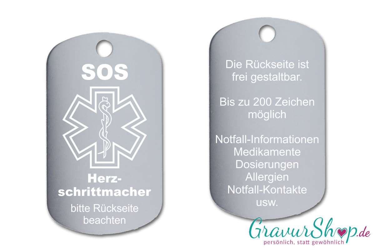 Herz Schrittmacher - SOS Notfallkette, Notfallanhänger mit Gravur - silber