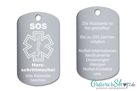 Herz Schrittmacher - SOS Notfallkette, Notfallanhänger mit Gravur - silber