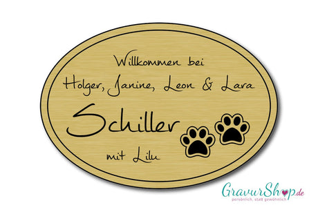 Hunde & Katzenschild Modell K mit Gravur gold gebürstet