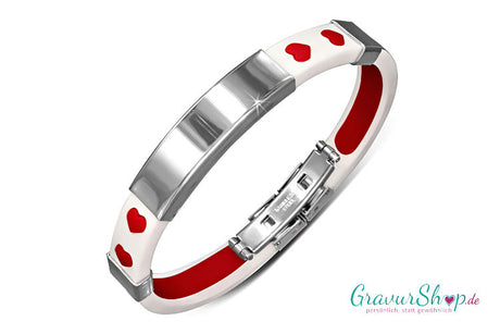 Weißes Kautschukarmband mit roten Herzchen und Gravurplatte aus Edelstahl, 15–21 cm, mit der Schere einkürzbar – inkl. Gravur