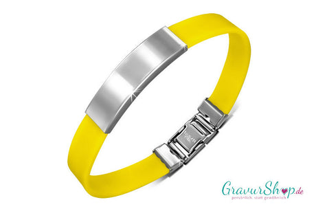 Gelbes Kautschukarmband mit polierter Edelstahl-Gravurplatte, 15–21 cm, einkürzbar, Schnellverschluss – mit Namensgravur