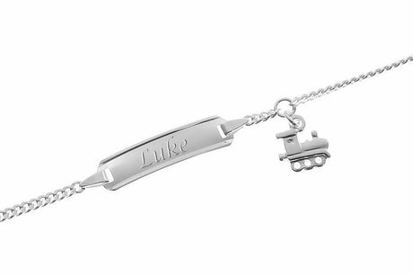 Kinder-Silberarmband 17 mit kleiner Lok als Anhänger, 12 bis 14 cm, Gravurbeispiel – mit Gravur, kostenlos personalisiert