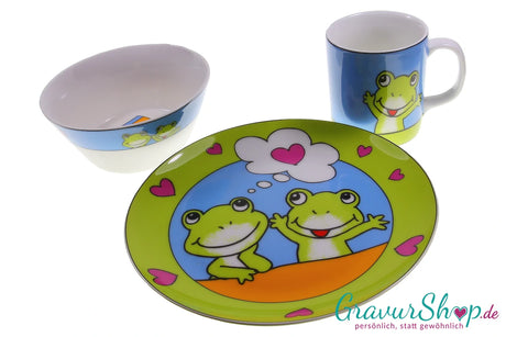 Kindergeschirr Frosch Teller, Schale, Becher
