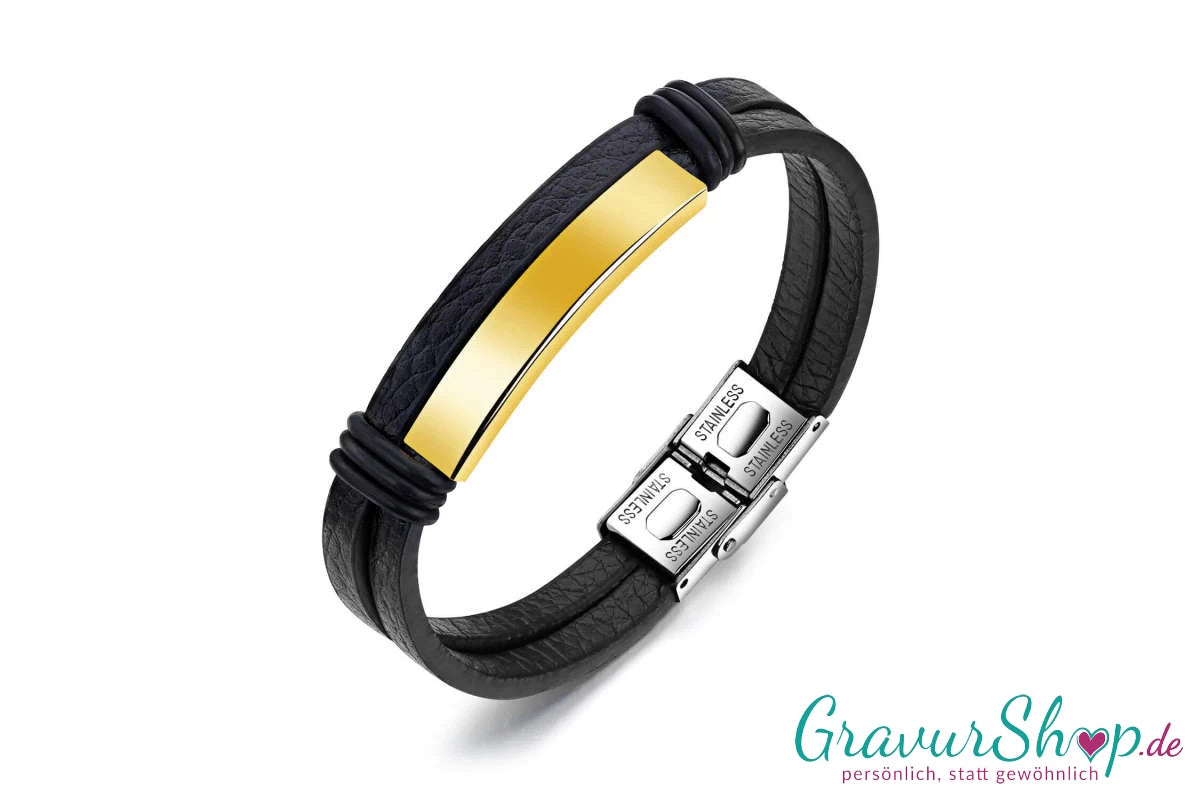 Schwarzes Echtleder-Armband aus zwei Riemen – gratis graviert