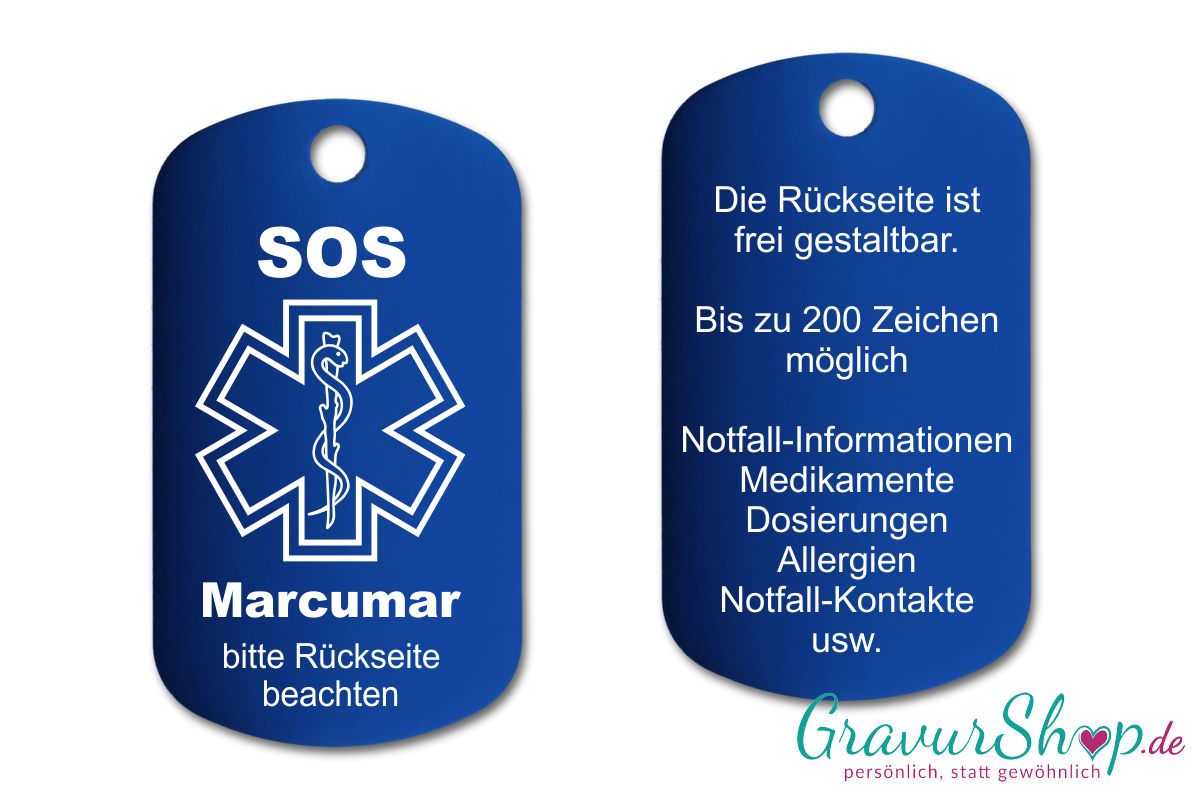 Marcumar, Blutverdünner - SOS Notfallkette, Notfallanhänger mit Gravur - blau